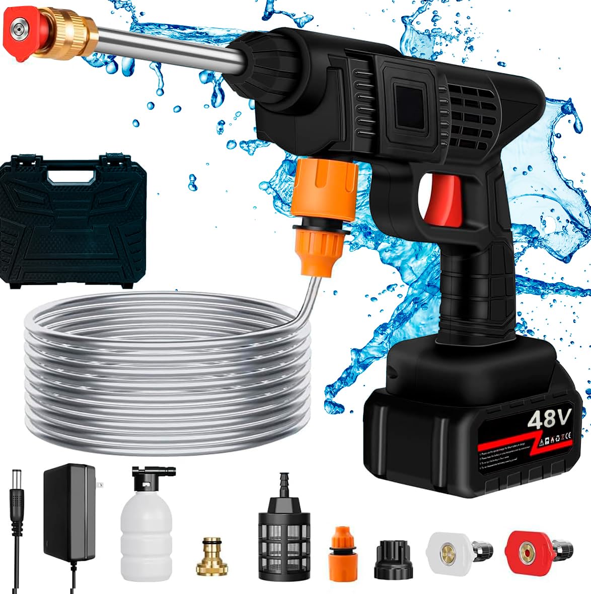 Cordless Car Washer High Pressure Gun - Car Washing 48V Rechargeable Electric Pressure Washer Gun Bike, Car Washing Pump, Portable Car Washer with Adjustable 3 in 1 Nozzle and 5M Pipe. Black GenzVybs